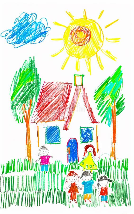 A Child S Drawing of a House with Children Stock Photo - Image of ...