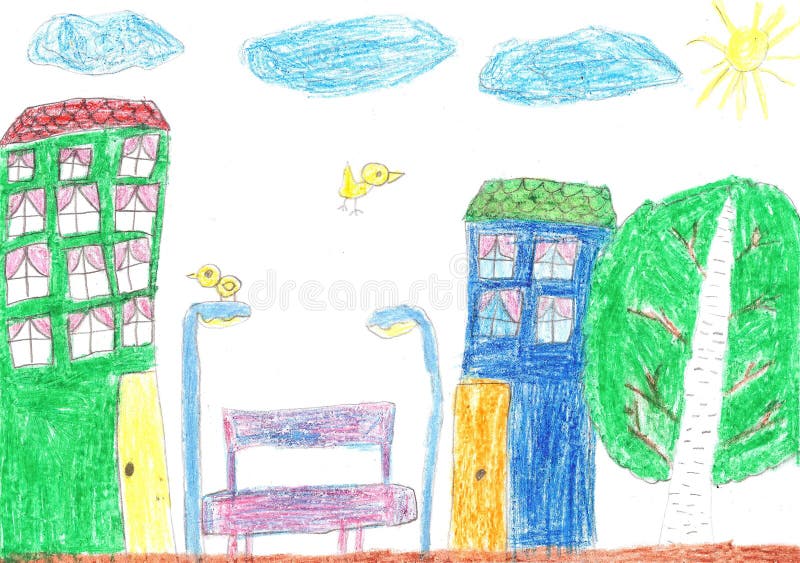 https://thumbs.dreamstime.com/b/child-s-drawing-house-trees-bench-tree-swing-96690247.jpg