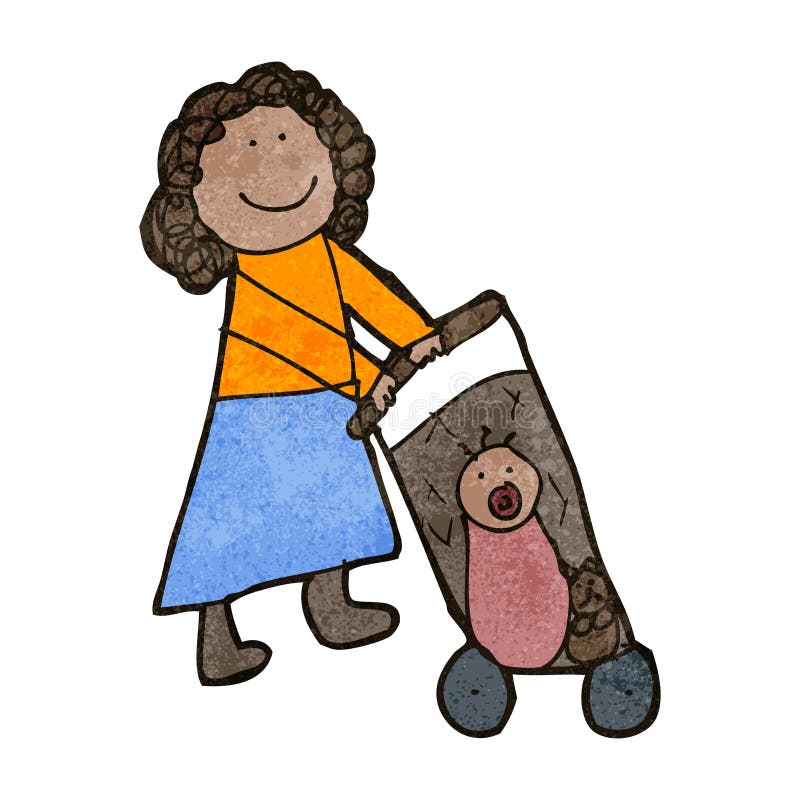 child s drawing of mom pushing a pram