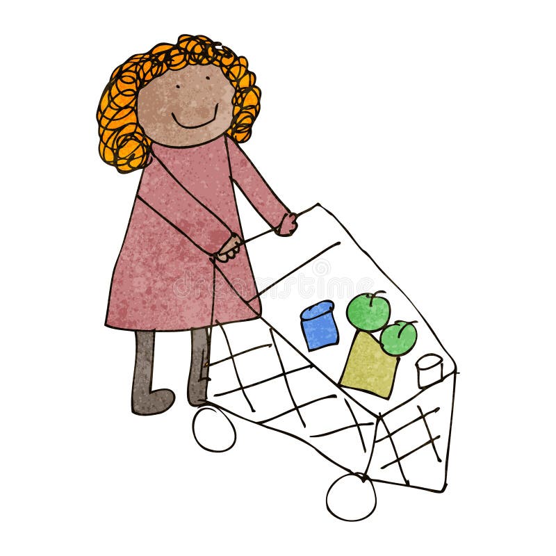 Child S Drawing of Woman with Shopping Trolley Stock Vector
