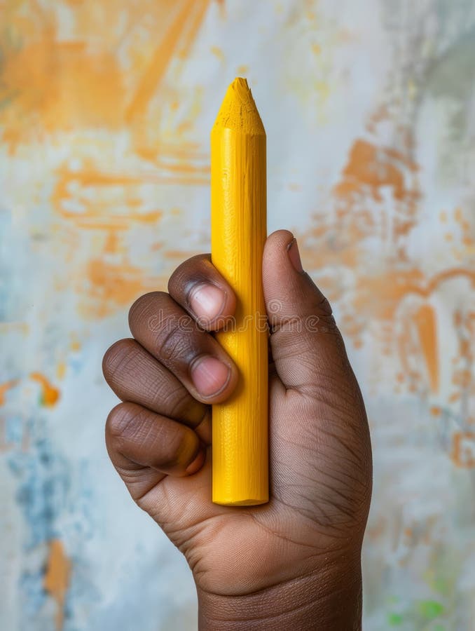 Child's hand holding a large yellow crayon stock images