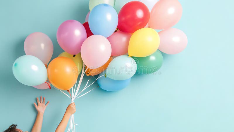 A child\'s hands interacting with a cluster of colorful balloons on a light blue background royalty free illustration