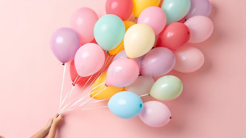 A child\'s hands interacting with a cluster of colorful balloons on a light pink background vector illustration