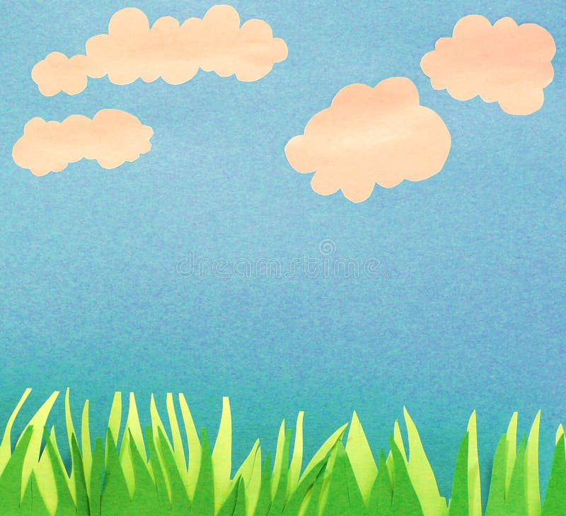 Outdoors open field and blue sky scene made from kids construction paper and color saturation boost. Outdoors open field and blue sky scene made from kids construction paper and color saturation boost