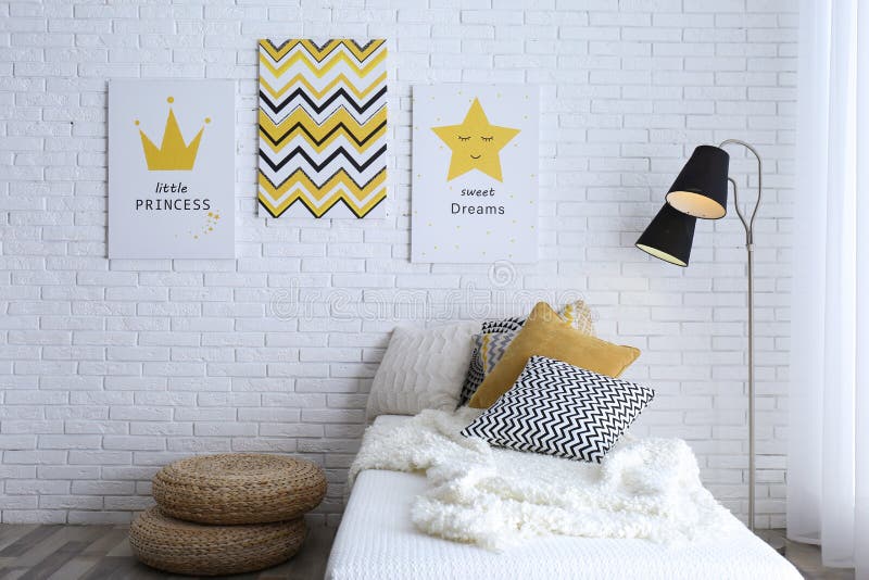 Child`s Room with Bed and Cute Posters on Wall Stock Photo Image of