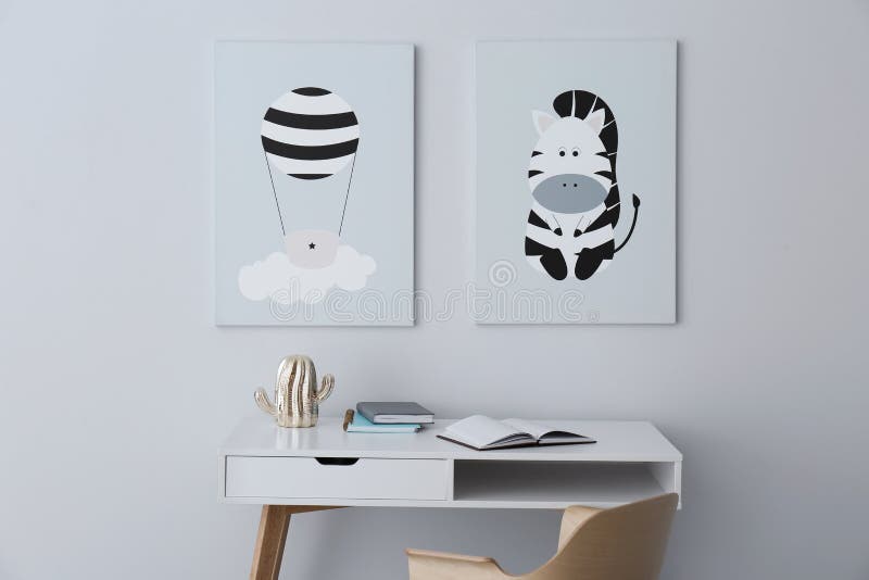 Child`s Room Interior with Desk and Cute Posters Stock Photo Image of