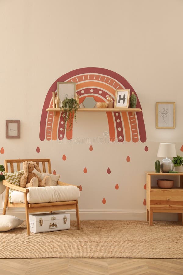 Child`s Room Interior with Rainbow Painting on Wall Stock Image Image