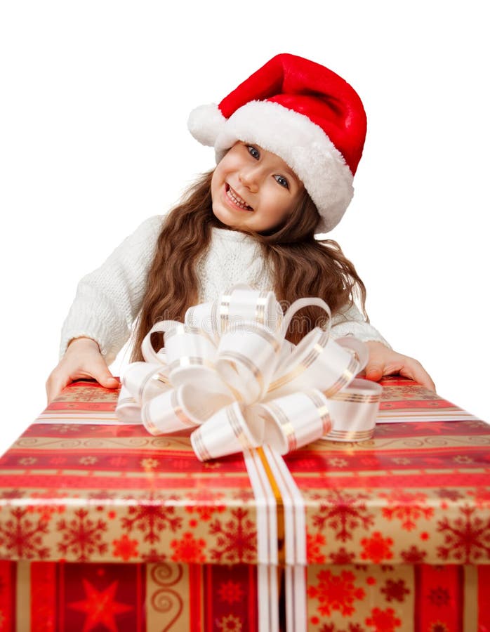 Child in Santa hat with gift box.