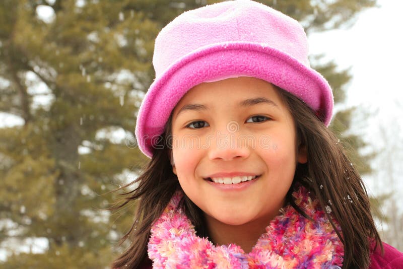 Child smiling outdoors in winter