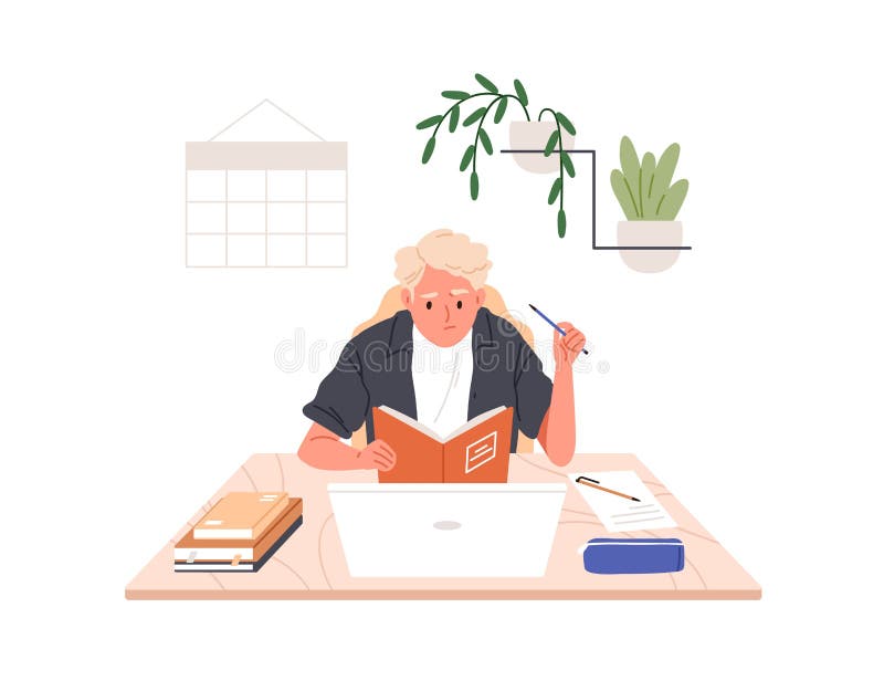 Child studying at home, doing difficult homework. Kid learning with book and laptop at desk, thinking. Worried school stock illustration