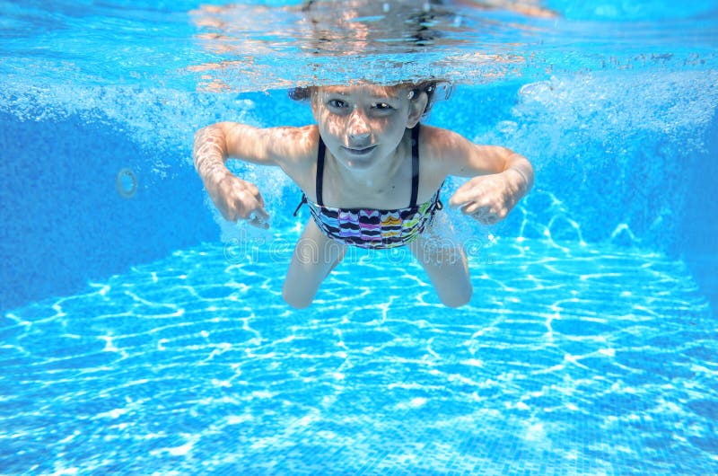 Child Swims in Pool Underwater, Happy Active Girl Has Fun Under Water ...