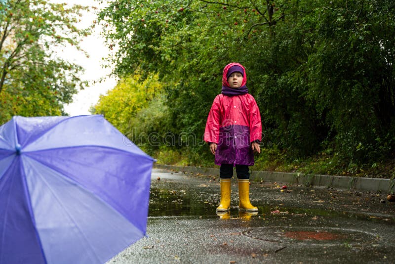 Child with an Umbrella Walks in the Rain. Little Boy with Umbrella