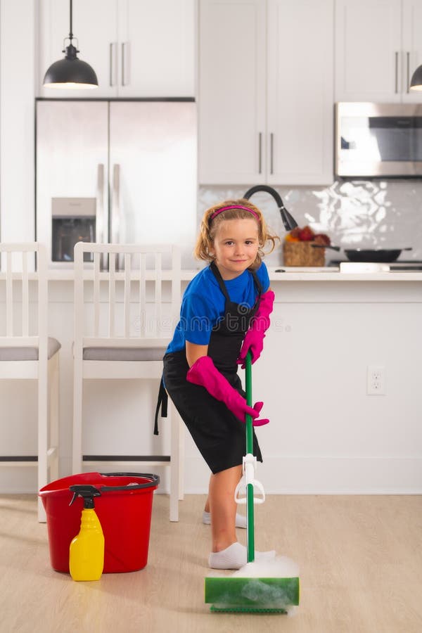 Child Use Duster and Gloves for Cleaning. Funny Child Mopping House.  Cleaning Accessory, Cleaning Supplies Stock Photo - Image of cleaning,  little: 268728606