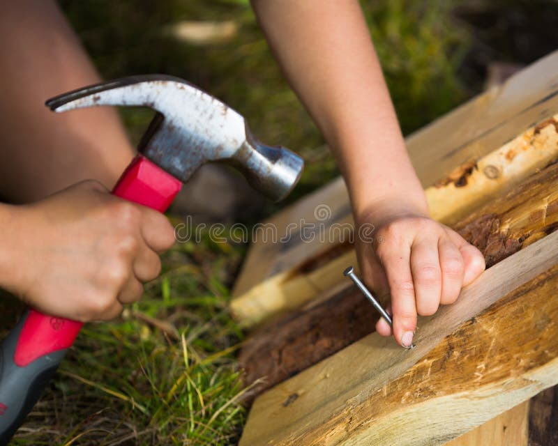 Child Hammers a Hammer in Nails Stock Photo Image of toolware, wood