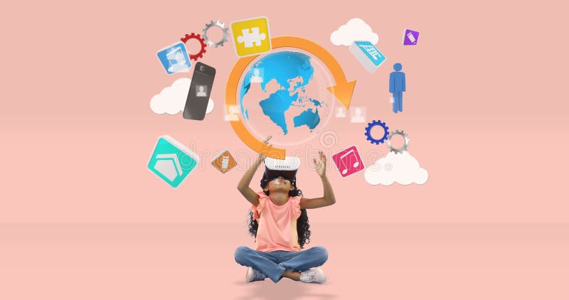 Child using VR headset exploring digital world with interactive icons floating royalty free illustration