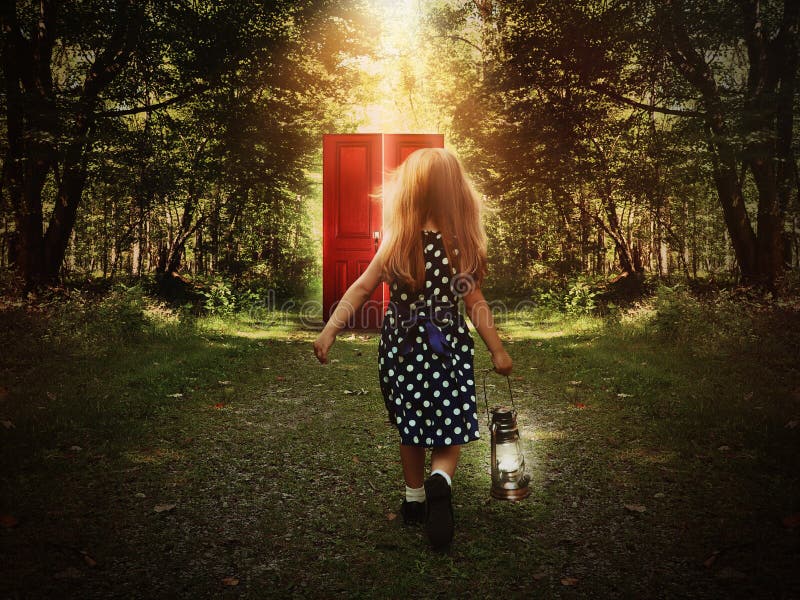 Child Walking in Woods to Glowing Red Door