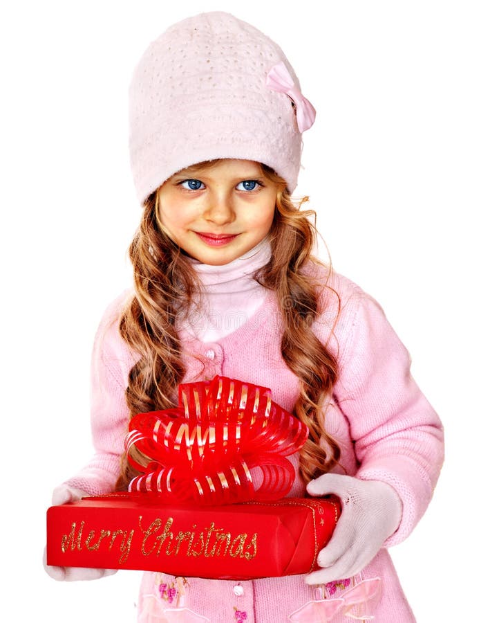 Child Wearing Hat Mittens Holding Red Gift Box Stock Photos Free