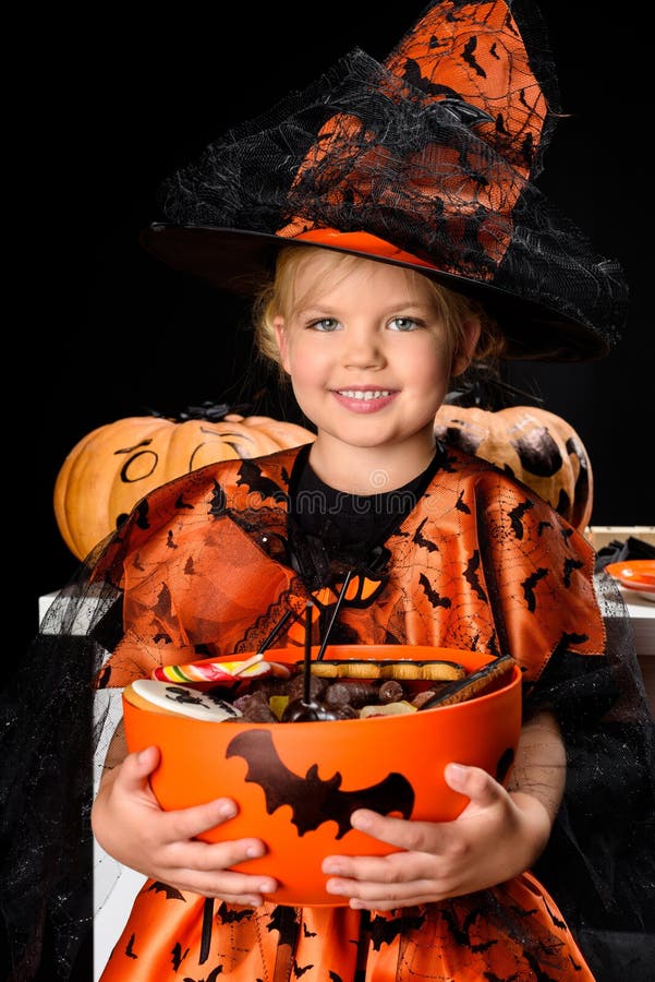 Little Witch with Halloween Sweets Stock Image - Image of happiness ...