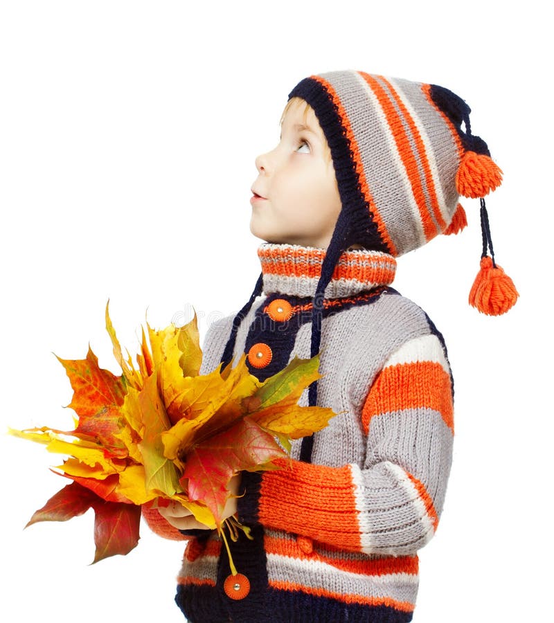 Child Boy, woolen clothes autumn leaves. Maple fall over white royalty free stock images