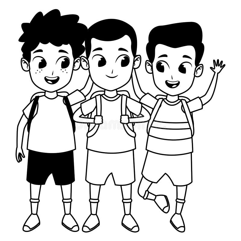 Childhood Adorable School Students Cartoon in Black and White Stock Vector  - Illustration of students, happy: 153507738