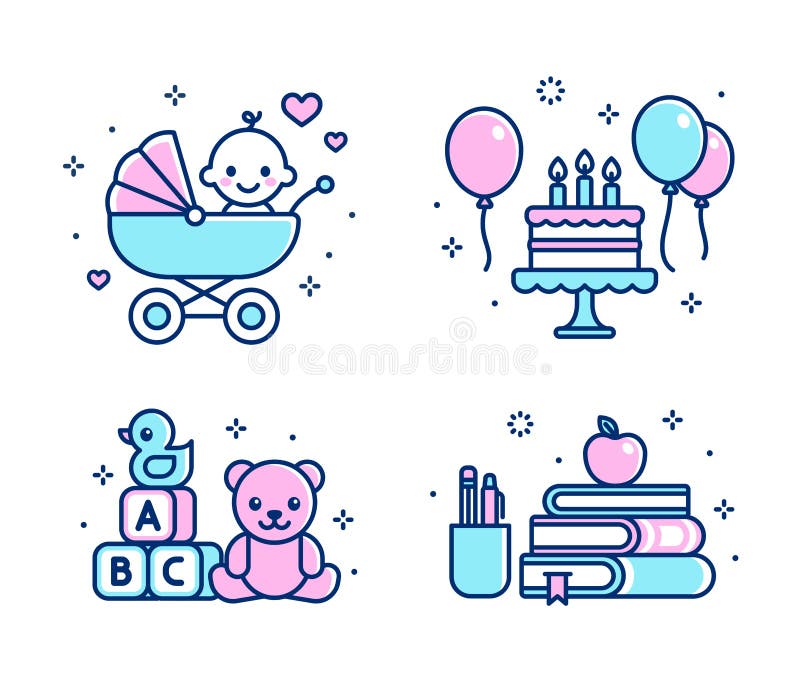 https://thumbs.dreamstime.com/b/childhood-icon-set-baby-stroller-birthday-cake-toys-school-supplies-simple-cartoon-line-icons-isolated-vector-illustration-207009979.jpg