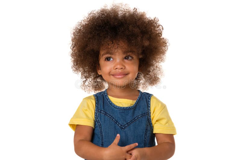 Childhood and people concept-portrait of lovely african american little girl, over white background, isolated