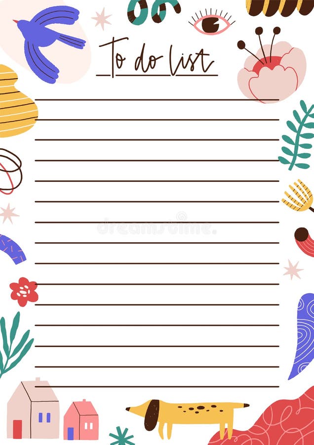 Childish appointment to do list vector flat illustration. Colorful decorated modern planner or notebook page template royalty free illustration