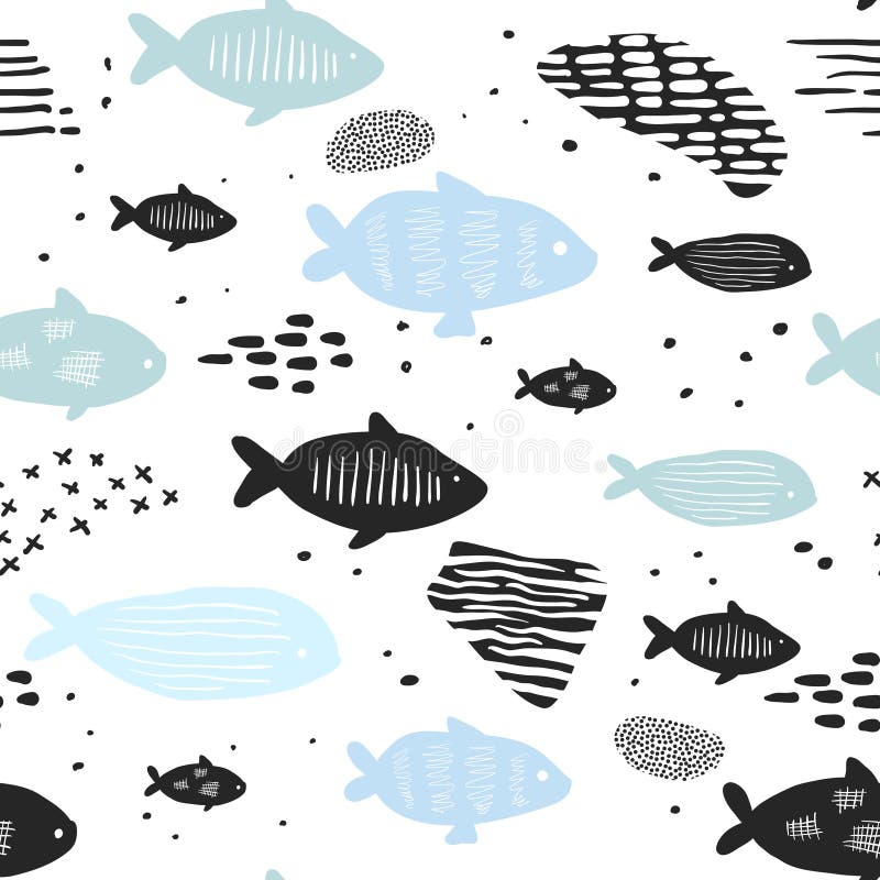 Childish Nautical Seamless Patterns with Cute Fish. Underwater Creatures Background for Fabric, Wallpaper, Wrapping Paper. Vector illustration. Childish Nautical Seamless Patterns with Cute Fish. Underwater Creatures Background for Fabric, Wallpaper, Wrapping Paper. Vector illustration