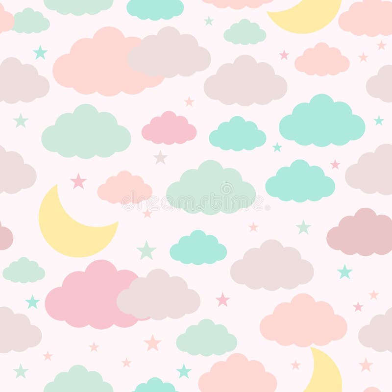 Childish seamless background with moon clouds and stars