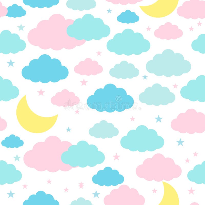 Childish seamless background with moon clouds and stars