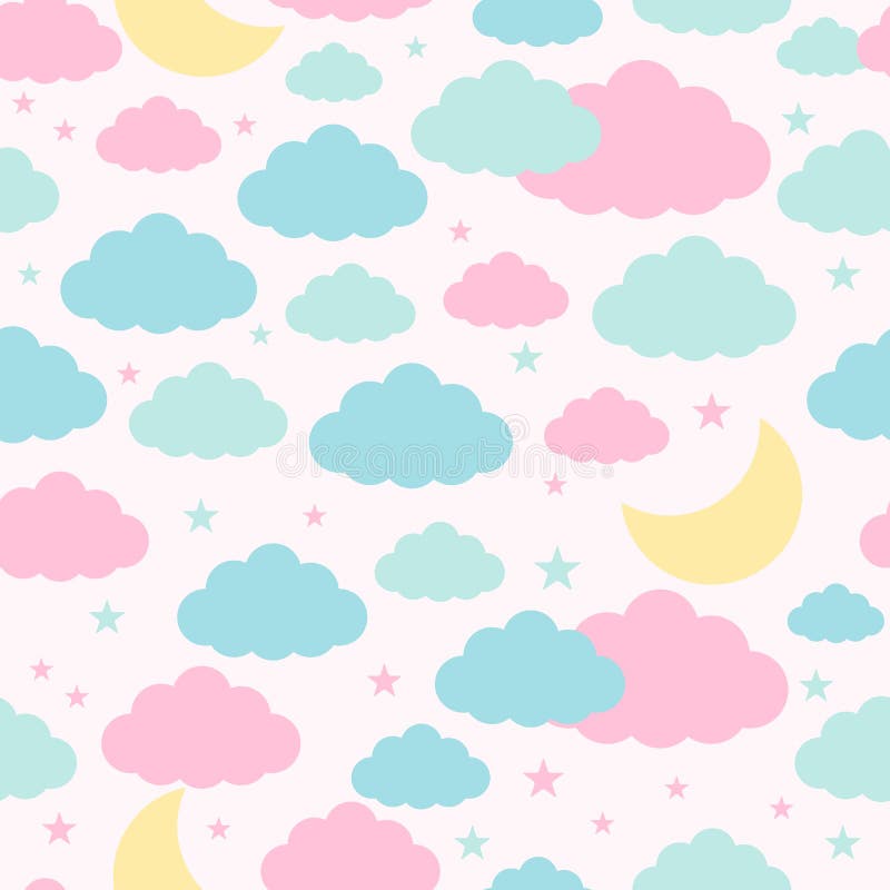 Childish seamless background with moon clouds and stars