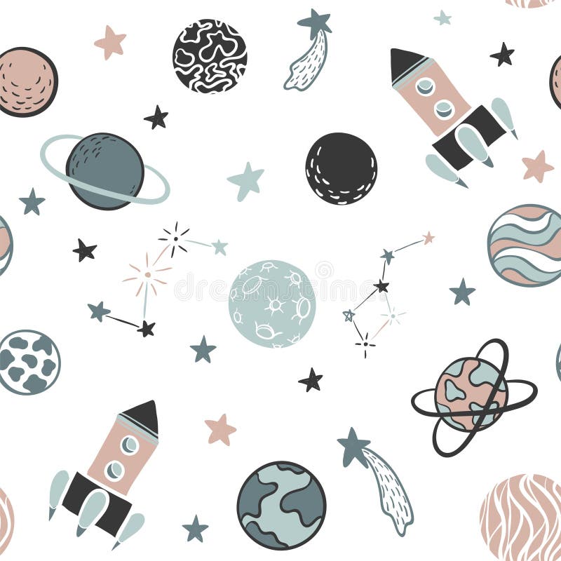 Childish seamless pattern hand drawn space elements space, rocket, star, planet, space probe. Trendy kids vector illustration for