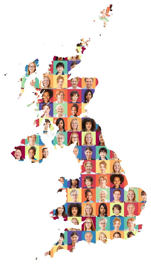 Children and adults many generations in front of map of Great Britain stock photography