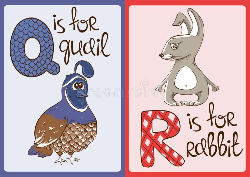 children alphabet with funny animals quail and rabbit stock vector animals that starts with the letter q