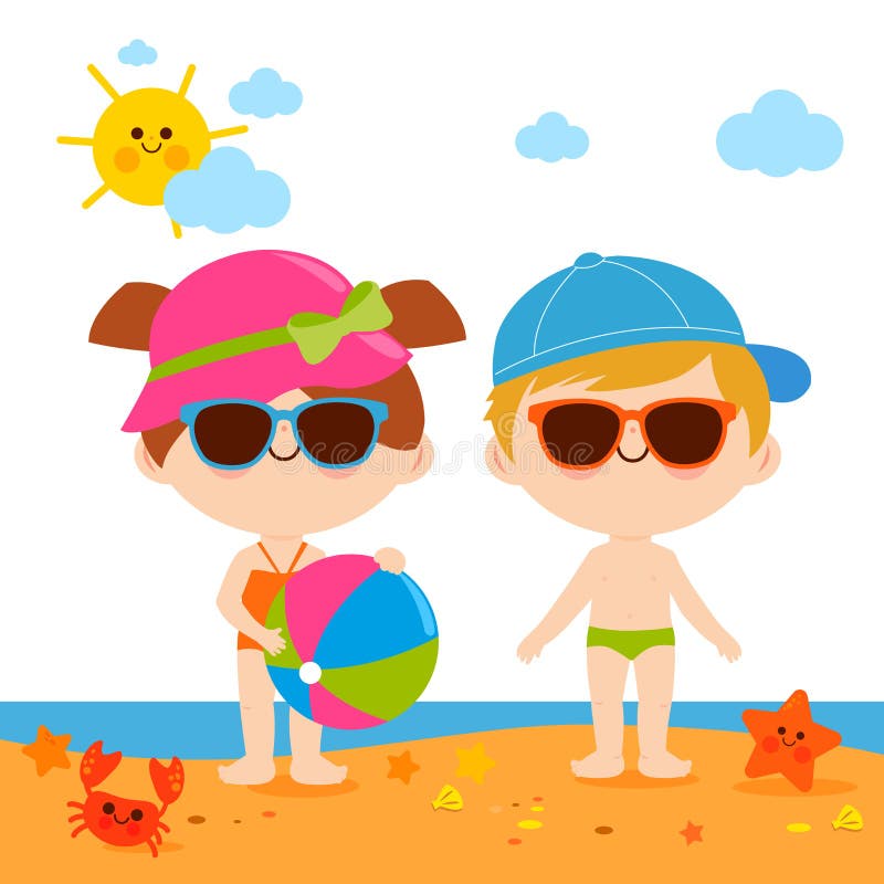 Children at the beach with hats and sunglasses. Vector illustration.