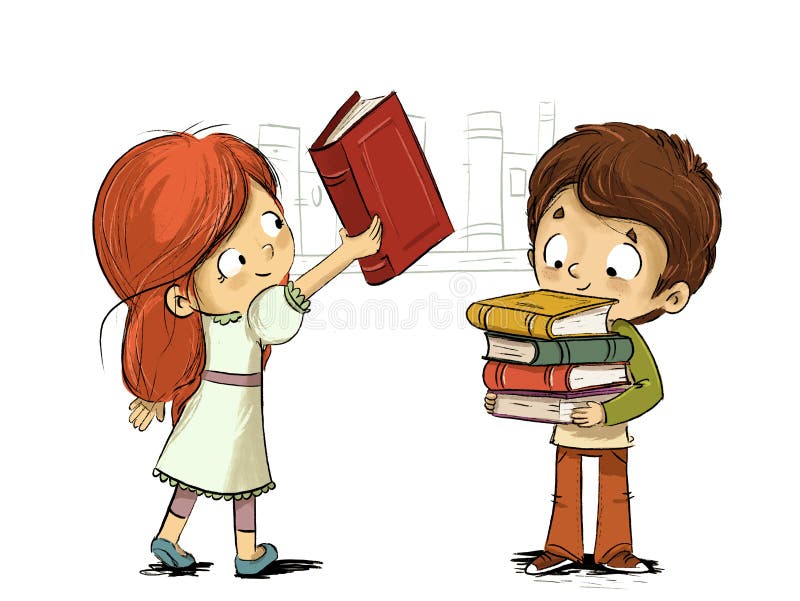 Children with books in library stock illustration Children with books in library stock illustration