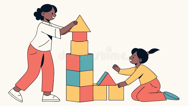 Children Building with Blocks, Creative Playtime and Learning Vector Scene, vector design Generative AI stock illustration