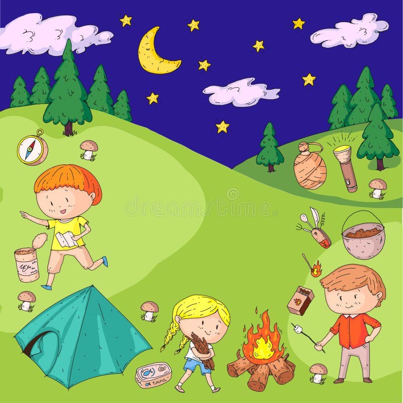 Children Camping. Summer Camp. Scouts, Adventure, Hiking, Exploration. School and Kindergarten Kids Stock Vector - Illustration of background, design: 108628246 Children Camping. Summer Camp. Scouts, Adventure, Hiking, Exploration. School and Kindergarten Kids Stock Vector - Illustration of background, design: 108628246