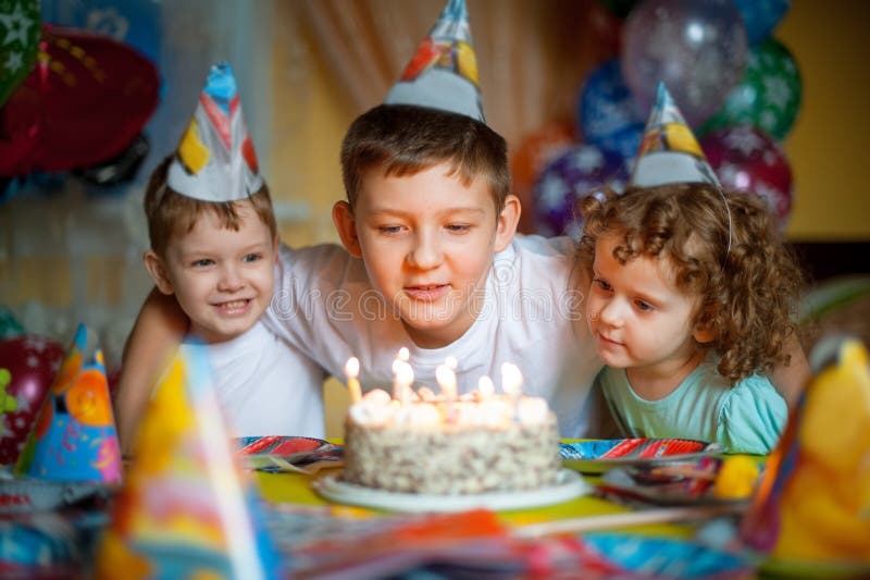 Children Celebrate Birthday Stock Photo - Image of indoors, birthday
