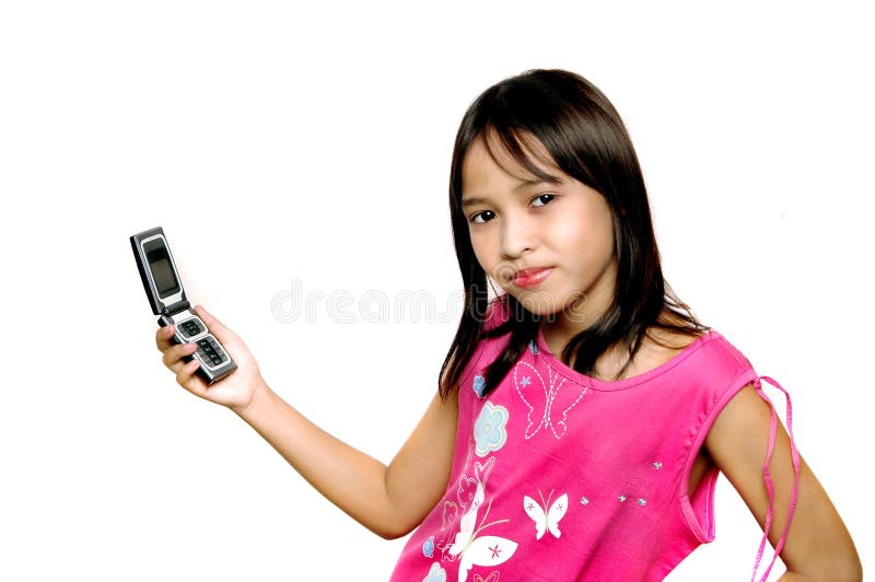 Children with cell phone - white background