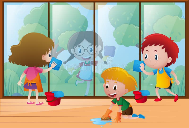 Children cleaning window at home stock illustration Children cleaning window at home stock illustration