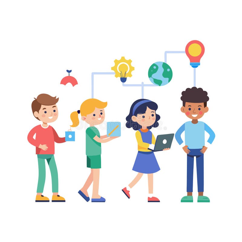 Children collaborating with technology to generate new ideas in a connected workflow process vector illustration