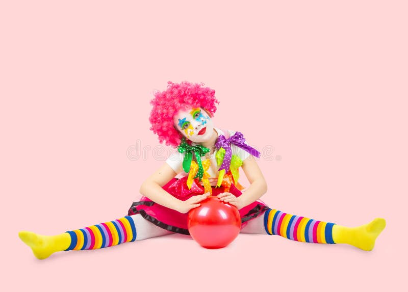 A woman clown, all in primary colors, cute clown ma
