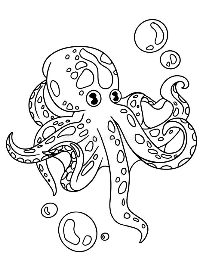 Children Coloring Book, Sea Animal. Isolated Octopus with Air Bubbles ...