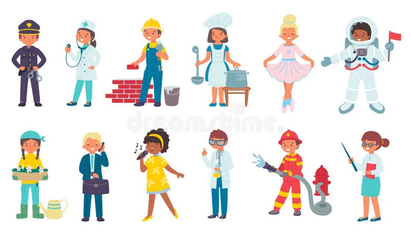 Children in costumes of different professions, isolated on white set of vector illustrations. Doctor, professional