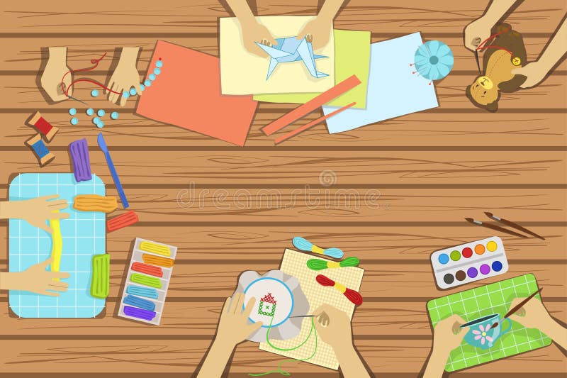 Children Craft And Cooking Class Two Illustrations With Only Hands Visible From Above The Tabl vector illustration