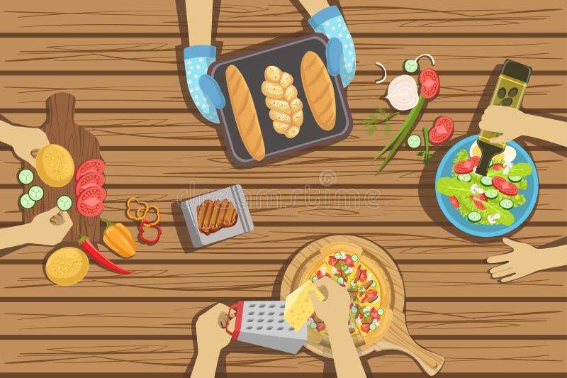 Children Craft And Cooking Lesson Two Illustrations With Only Hands Visible From Above The Table royalty free illustration