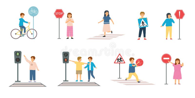 Kids traffic rules. Safety road movement, young pedestrians with