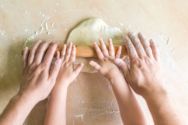Children and Dad Hands Rolled Dough Stock Image Image of helping