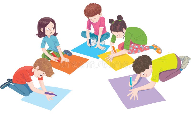 Children Draw on Colorful Papers Stock Illustration Illustration of